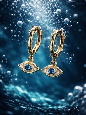 Gold tone Evil Eye Hoop Drop Earrings with gift box